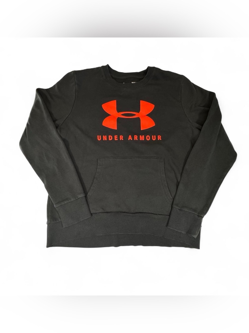 Under Armour Sweatshirt Large Black Orange Logo Kangaroo Pocket Cozy Streetwear